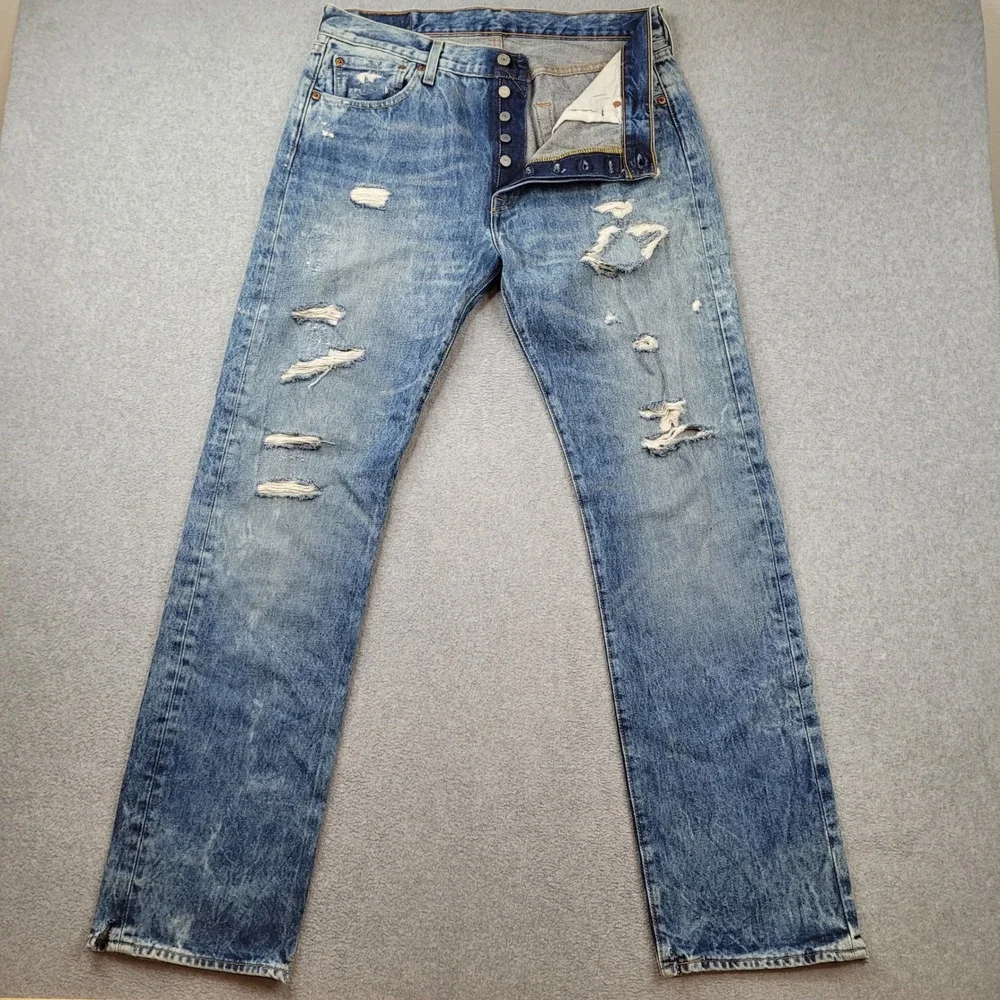 Levi Strauss & Co. 501 Original Fit Mens 34x34 Blue Distressed Button Fly Jeans